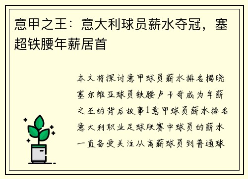 意甲之王：意大利球员薪水夺冠，塞超铁腰年薪居首